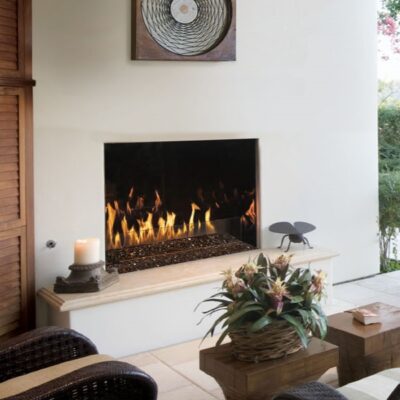 Fire Garden 4024 Outdoor Natural Gas Linear Fireplace, Swimming pool with seating area in outdoors room