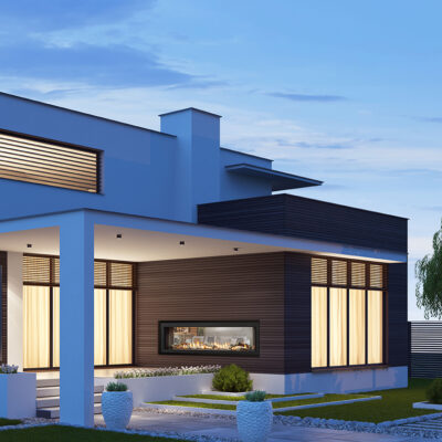 Heat & Glo 72" Primo II, See-Through at Modern Luxurious Villa with garden. Architecture concept for Real estate. heat-n-glo