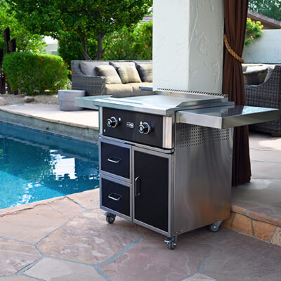 Wildfire Outdoor Living 30" GRIDDLE BLACK CART ANGLE OPEN, Black Stainless Steel Front, on Arizona by pool in Arizona