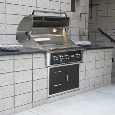 Wildfire Outdoor Living 36" Ranch Pro Luxury Gas Grill Open Island Angle, Built-In with Black Stainless Steel Door Drawer Combo in Phoenix Patio