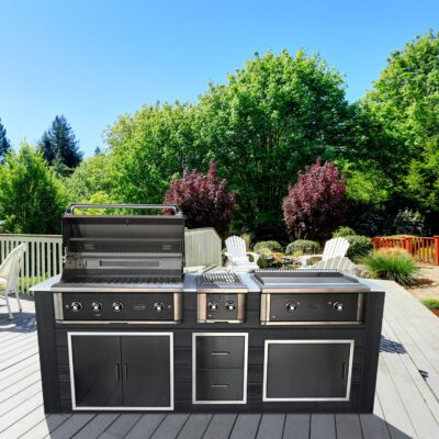 Wildfire Outdoor Living Outdoor Kitchen Island containing 36" GAS GRILL With 30" GRIDDLE and SIDEBURNER on PATIO in Backyard
