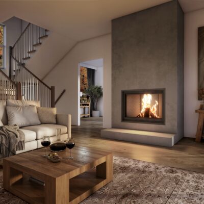 Valcourt Frontenac Wood-Burning Fireplace in Contemporary Living Room with Wine