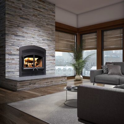 Valcourt Waterloo Arched Wood Fireplace with Arabesque Style Faceplate Louver in Living Room