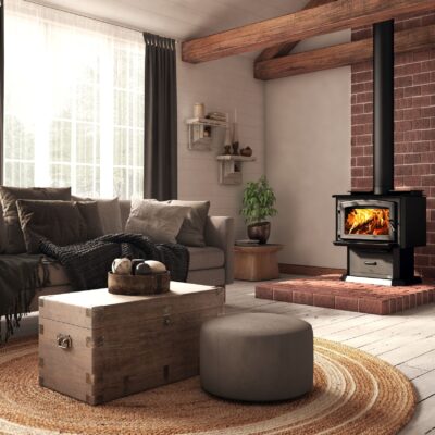 Osburn 1700 Wood Stove Lit Lit in Cozy Living Room