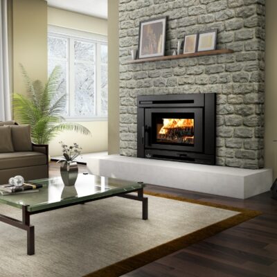 Osburn Matrix Wood Insert in a Brick Hearth in a living room