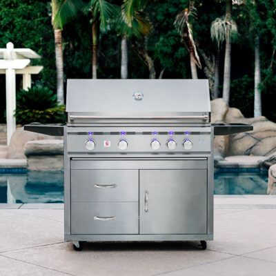 38" TRL Stainless Steel Gas Grill, Cart Style, in backyard next to pool - Summerset Grills